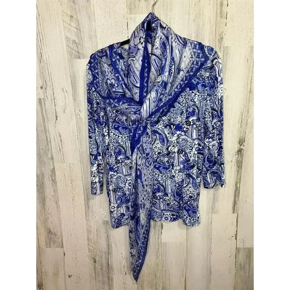 Leggiadro‎ Women's Large (12/14) Blue Geometric 3/4 Sleeve Blouse w/ Silk Scarf